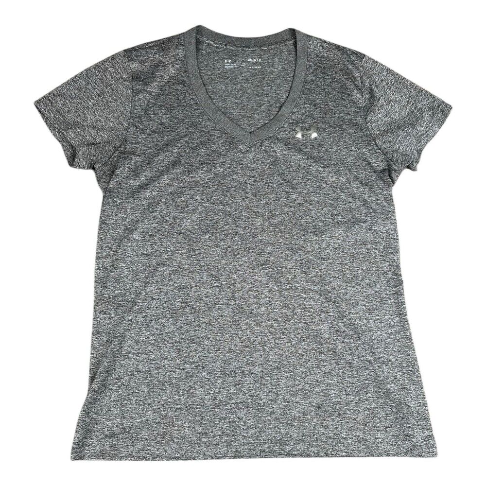 Under Armour Shirt Womens MEDIUM Heather Gray V Neck Short Sleeve Athletic Logo
